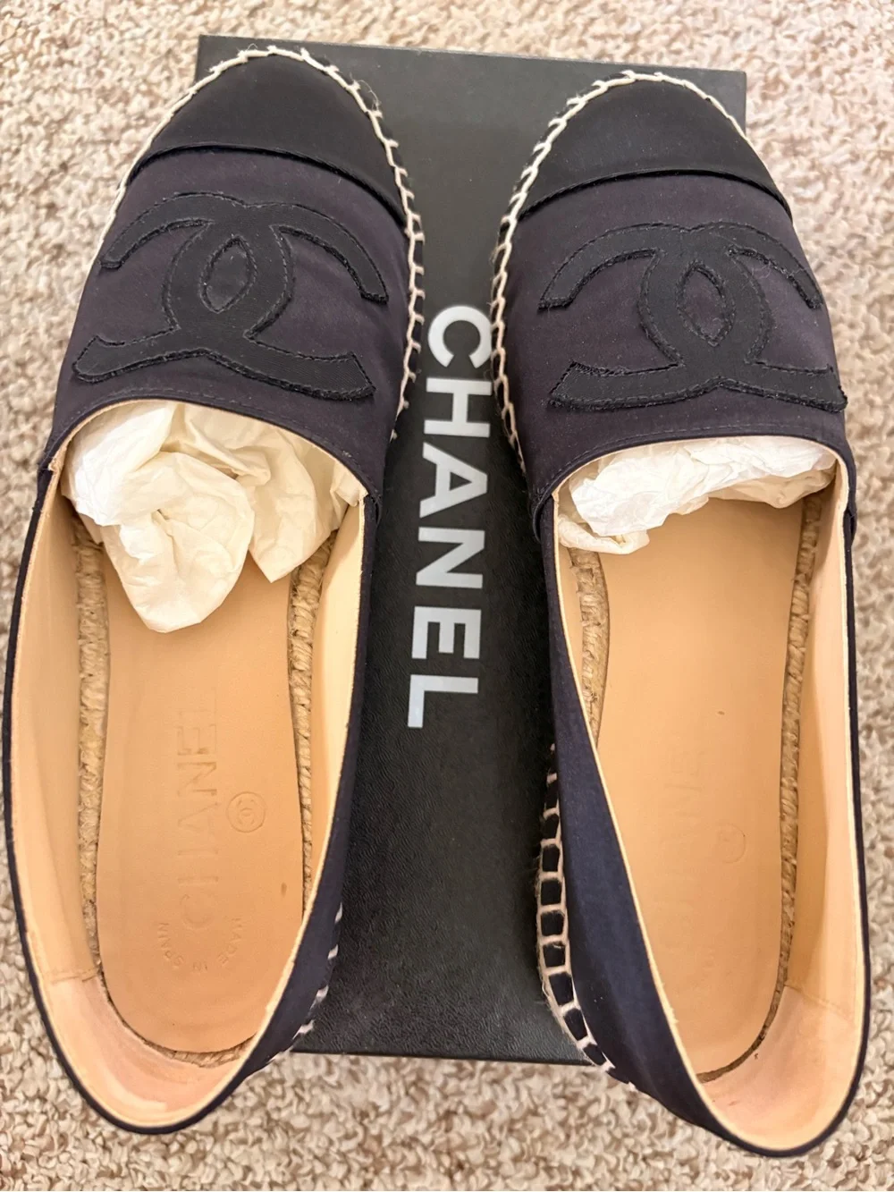 CHANEL Navy and Black Canvas Espadrille Flats